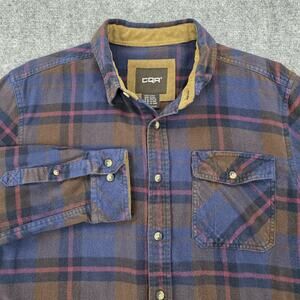 CQR Flannel Shirt Mens Large Blue Brown Plaid Long Sleeve Corduroy Collar Pocket